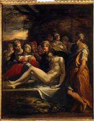 Złożenie do grobu Chrystusa. Ciało Chrystusa umieszczone w całunie pogrzebowym przez Marię Pannę, Marię Magdalenę i św. Jana. Obraz Parmigianino (1503-1540), olej na płótnie. Sztuka włoska (Parma)