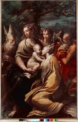 Madonna z Dzieciątkiem, święta Małgorzata, święty Michał, święty Hieronim i święty Petroniusz (Petrone, Petronius). Obraz Francesca Mazzoli, zwanego Il Parmigianino lub Parmeńczykiem (1503-1540), 1528-1529. Wymiary: 222 x 147 cm. Bolonia, Pinacoteca