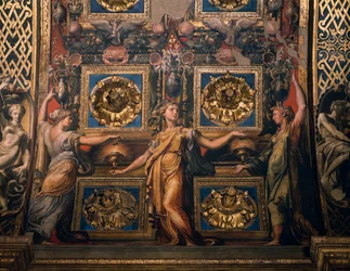 Trzy mądre dziewice, fragment Trzy mądre dziewice i trzy głupie dziewice, autorstwa Francesco Mazzola znanego jako Il Parmigianino, fresk pod łukiem prezbiterium, Sanktuarium Santa Maria della Steccata, Parma, Emilia-Romania. Włochy