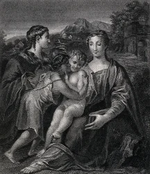 Święta Maria (Błogosławiona Dziewica) z Dzieciątkiem Jezus, świętym Janem Chrzcicielem i świętą Marią Magdaleną. Rycina według G.F.M. Mazzoli, il Parmigianina.