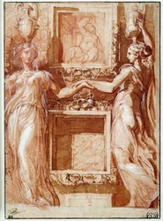 Dwa kanefory podające dłonie po obu stronach pudeł Rysunek tuszem, praniem, krwią i białymi klapami autorstwa Girolamo Francesco Maria Mazzola dit Parmigianino lub Le Parmesan