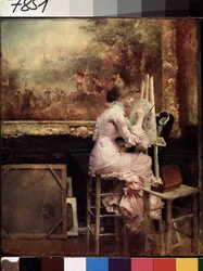 „Młoda artystka wykonująca akwarelę w Luwrze” (Młoda akwarelka w Luwrze) Ubrana jest w stylu Belle Epoque i siedzi na stołku. Obraz Pascala Adolphe Jean Dagnan-Bouveret (Dagnan Bouveret) (1852-1929) około 1889