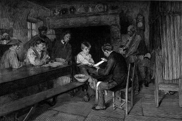Wypadek (1879): lekarz leczy ranę młodego chłopa. Grawer wg obrazu Pascala Dagnana-Bouvereta (Dagnan Bouveret) (1852-1929). W „”Wspaniałym świecie””n°1208 z 22 maja