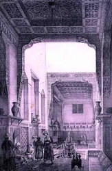 Wewnętrzny dziedziniec Ouatier-Hauch Kadan, z „Podróży Pittoresque” Persji, rytowany przez Emile Edmond Ollivier (1800-64) wydany przez Letronne, Paryż
