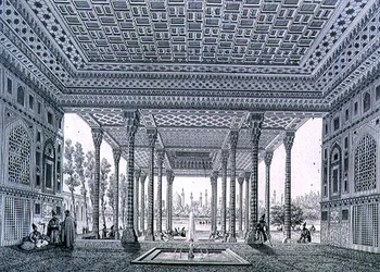 Widok wnętrza pawilonu luster, Isfahan, tablica 35 z „Współczesne zabytki Persji”, rytowana przez Claude