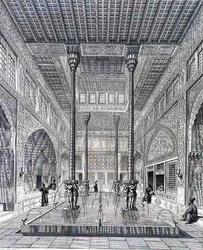 Wnętrze pałacu Chahar Bagh, w Isfahanie, z „Podróży Pittoresque” perskiej, rytowane przez Claude Sauvageot (1832-85) i Jean Charles Huguet (ur. 1815) wydane przez Lemercier, Paryż