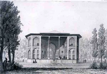 Pawilon Ośmiu Rajów, w Isfahanie, z „Podróży Pittoresque” Persji, ryty przez Julesa Penela (ur. 1833) i Josepha Duronda (ur. 1816) wydanego przez Lemercier, Paryż