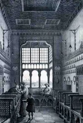 Zobacz wnętrze salonu fryzjerskiego w Dzielnicy Francuskiej w pobliżu Quantarat El Gedydeh, z „Podróży Pittoresque” w Persji, grawerowanej przez Emile Edmond Ollivier (1800-64) wydanej przez Letronne, Paryż (rycina)