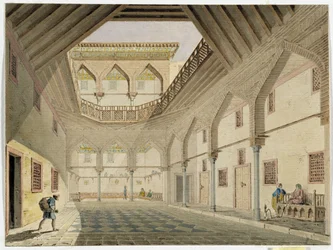 Widok wnętrza karawanseraju, w którym mieszkał Azir Osman Agha. Akwarela Pascal Coste (1787-1879) Muzeum Archeologii Śródziemnomorskiej, Marsylia