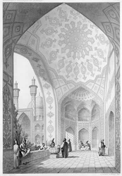 Przedsionek głównego wejścia do Medrese-i-Shah-Hussein, Isfahan, tablica 21 z „Modern Monuments of Persia”, rytowana przez Claude Sauvageot (1832-85) i Maurage, 1856