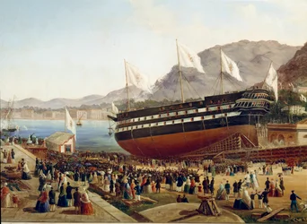 Wodowanie statku Monarca w arsenale Castellammare w Neapolu w 1854 roku, detal. XIX wiek, Neapol, Museo Nazionale di San Martino