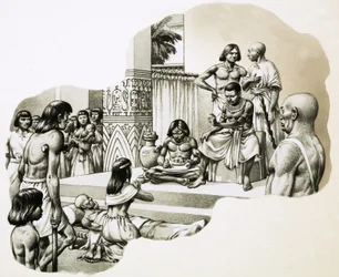 "Dobry lekarz" Imhotep udzielający porady choremu mężczyźnie