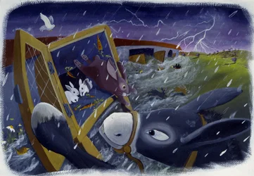 Zwierzęta i Arka Noego podczas potopu, ilustracja Patrizia La Porta.