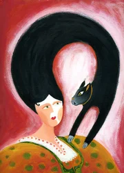 Strega del Tchesal (Chiesale): wiedźma, która zamienia się w kota, by szpiegować mężczyzn. Ilustracja autorstwa Patrizia La Porta.