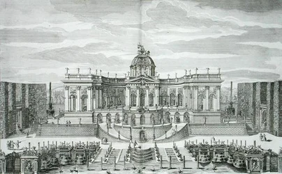 Wielka Grota i Ogród Fontann w Pałacu Książęcej Przyjemności i Ogrodach w Berlinie, rycina Johanna Augusta Corvinusa (1683-1738), wydana ok. 1711-16 (rycina)