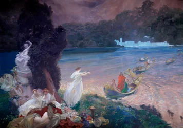 Happy Island: scena z bajki przedstawiająca łodzie dołączające do gości na bankiecie na trawie. Fragment obrazu na tapecie autorstwa Paula Alberta Besnarda (1849-1934). 1900. Paryż, Sztuka dekoracyjna