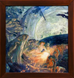 Prawda ciągnąca Nauki, by oświecić Ludzkość (Prawda szkoląca Nauki podąża za nią, żałuje swego światła na ludziach). Obraz Alberta Besnarda (1849-1934) - Prawda, podążając za naukami i przynosząc światło ludzkości - Musee des Beaux-Arts de l
