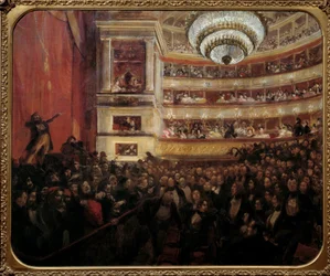 Premiera przedstawienia Hernani Premiere utworu „Hernani” Victora Hugo (1802-1885) w Komedii Francuskiej 25.02.1830. Obraz Paula Alberta Besnarda (1849-1934) XIX w. Niedz. 1,05x1,22 m Paryż, dom Victor Hugo
