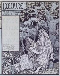 Czarodziej Merlin i wróżka Vivien w lesie Broceliande, ze sztuki Jeana Lorraina (1855-1906) „Broceliande”, ok. 1900 (drzewryt)