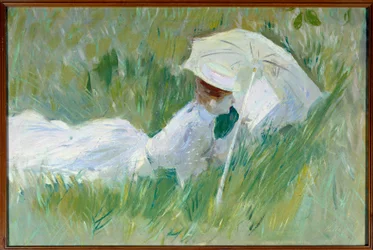 Portret Madame Helleu, żony malarza, w trawie Obraz Paula Cesara Helleu (1859-1927) przed 1927, olej na płótnie, wym. 0,54x0,81 m Rouen, musee des Beaux Arts - Portret Madame Helleu, żony malarza, leżącej w trawie. Malowanie b