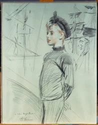 Portret chłopca w marynarskim kapeluszu i z golfem, ze statkami w tle
