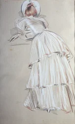 Kobieta stojąca pochylona od tyłu (pastel)