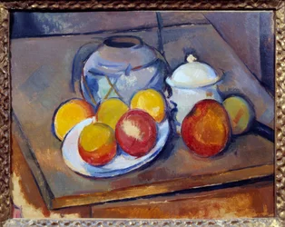 Słoma w wazonie, cukiernica i jabłka Obraz Paula Cezanne