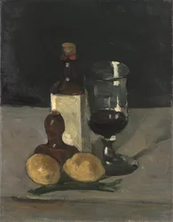 Martwa natura z butelką, szklanką i cytrynami, 1867-9