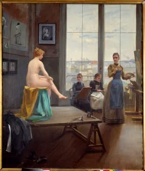 Warsztaty dla młodych dziewcząt Modelka dla młodych malarek. Obraz Paula Duthoita (zrobił w latach 1858-?) 1896 wym. 1,20 x 1,04 m Pau, Muzeum Sztuk Pięknych