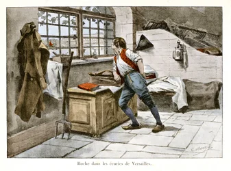 Grzechot w stajniach Wersalu: Lazare Hoche (1768-1797) wszedł do królewskich stajni w wieku 14 lat jako nadrzędny asystent - Ilustracja Emile Boutigny (1853-1929) W „Hoche-Marceau-Desaix” Theodore Cahu (1854-1928) ) - Prywatna kolekcja