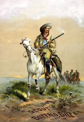 Okładka książki „The Scout Buffalo Bill” Han. W.F. Cody, ilustracja P. Frenzeny, sd. między 1860 a 1890 rokiem.