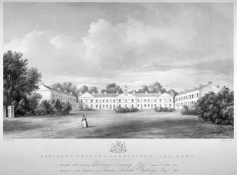 Widok przytułków kupców Taylorów przy Lee High Road, Lewisham, Londyn, 1826.