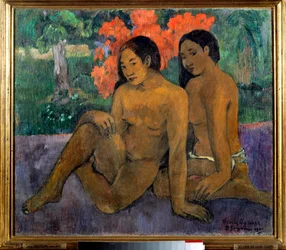 I złoto ich ciał. Dwie nagie Tahitanki pozują. Obraz Paula Gauguina (1848-1903), 1901. Słońce. 0,67 x 0,76 m. Paryż, Musée d