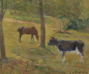 Francuski: Vache et cheval dans un pré Krowa i koń na łące