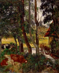 Krajobraz w Bretanii - Krowy w misce do podlewania lub Corner de pond. Obraz Paula Gauguina (1848-1903)