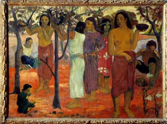 Nawa nawy mahana (Pyszne Dni). Tahitańskie kobiety w ogrodzie. Obraz Paula Gauguina (1848-1903) 1896 Nd. 0,94 x 1,3 m Lyon, musee des Beaux Arts - Nave Nave Mahana znana również jako „Pyszny Dzień”. Grupa tahitańskich kobiet w ogrodzie. Malowanie przez Pa