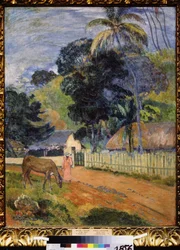""Pejzaż, koń na drodze"" (Pejzaż. Koń na drodze) Obraz Paula Gauguina (1848-1903) 1899 Postimpresjonizm Wymiary 94x73 cm Muzeum Puszkina Moskwa