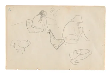 Szkice siedzących postaci i kurczaków (recto), nagi kobiecy tors (powiązany z obrazem Te a no areois [Nasionko Areoi]) (verso), z Carnet de Tahiti (szkicownik tahitański)