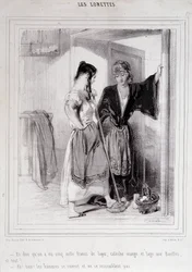 2 biedne kobiety w rozmowie na schodach o mężczyznach, „Les Lorettes””, Gavarni, ok. 1930. 1840.