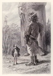 Gulliver spotyka 30-metrowego krasnoluda z Queens, który jest zachwycony, że ma na dworze kogoś mniejszego od niego, by dręczyć, z francuskiego wydania Gullivers Travels autorstwa Jonathana Swifta