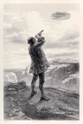 Gulliver po raz pierwszy widzi latającą wyspę Laputa i bada ją przez swój teleskop, z francuskiego wydania Gullivers Travels autorstwa Jonathana Swifta