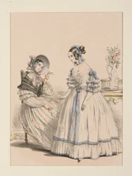 LISTOPAD 1838. Szalowa sukienka z koziej sierści w paski wysadzane koralikami;