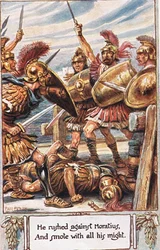 Rzucił się przeciwko Horatiusowi i uderzył go z całej siły, ilustracja z „The Lays of Ancient Rome” Thomasa Babingtona Macaulaya