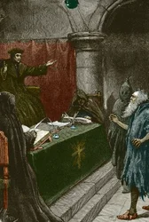 Inkwizycja i wypędzenie Żydów z Hiszpanii: hiszpański Żyd przed wielkim inkwizytorem około 1492 roku, w czasie ogłoszenia dekretu z Alhambry - ilustracja Paula Hardy