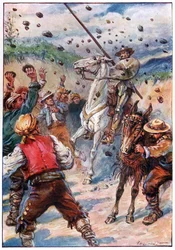 Obrzucili Don Kichota deszczem kamieni, ilustracja z „Przygód Don Kichota”, wydanej przez G. Bell & Sons, Ltd.