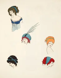 Wzory na nakrycia głowy, z pubu Les Robes de Paul Poiret. 1908 (odbitka szablonowa)