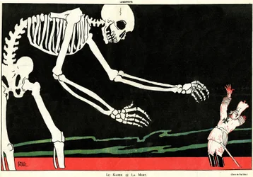 Kaiser i śmierć. Pierwsza wojna światowa 1914-1918: Wilhelm II (1859-1941) w morzu krwi zagrożonym przez szkielet. Komiks podkreślający mechaniczną i drwiącą głupotę niemiecką, wspierając tym samym morale Francuzów w czasie wojny. Rysunek s
