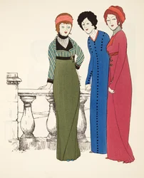 Trzy wieczorowe płaszcze Empire Line z pubu Les Robes de Paul Poiret. 1908 (odbitka szablonowa)