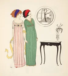 Dwie sukienki dzienne w stylu empire z pubu Les Robes de Paul Poiret. 1908 (odbitka szablonowa)