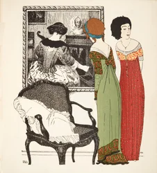 Dwie sukienki w stylu empire z pubu Les Robes de Paul Poiret. 1908 (odbitka szablonowa)